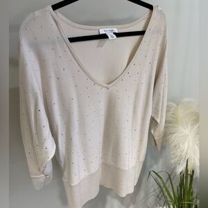 Cream V-Neck Sweater with Gold Accents